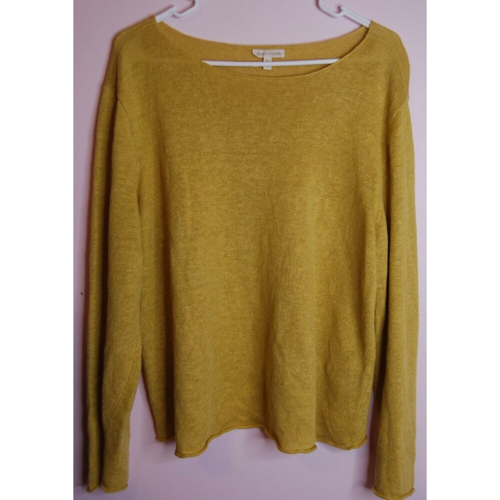 Eileen Fisher 100% Organic Linen Tunic Loose Knit Sweater XL Yellow Lagenlook